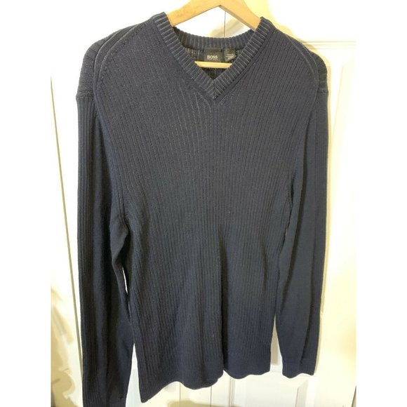 Hugo‎ Boss Midnight Blue Stripe V Neck Wool Sweater - Picture 4 of 6